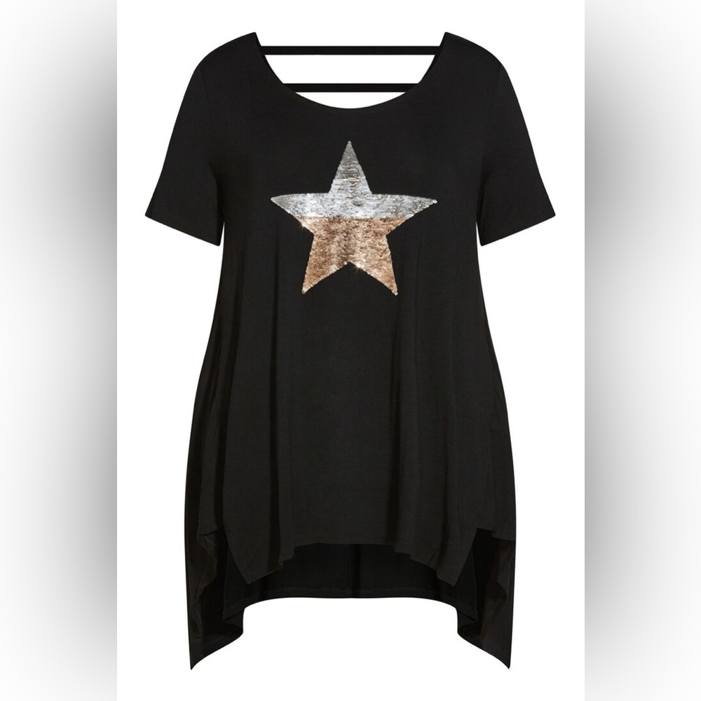 NWOT Avenue to shine tunic, sequin star, short sleeves, scoop neck cut out back